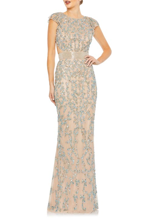 Hand-Embellished Gown with Illusion Neckline, Beaded Cummerbund & Lace-Up Back