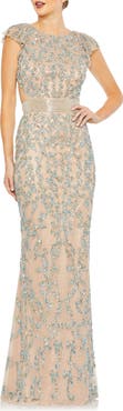 Mac Duggal Hand-Embellished Gown with Illusion Neckline, Beaded Cummerbund & Lace-Up Back