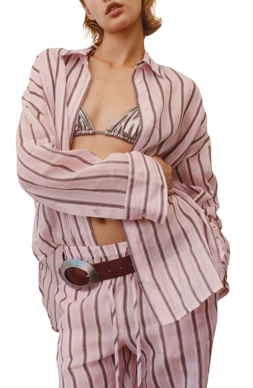Mango Striped Ramie Shirt Light Pink In Pink
