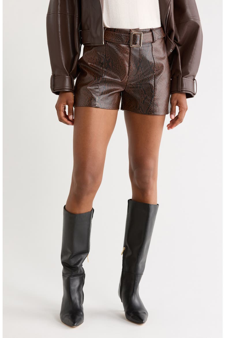 Belted Faux Snakeskin Shorts, Main, color, COCOA SNAKE