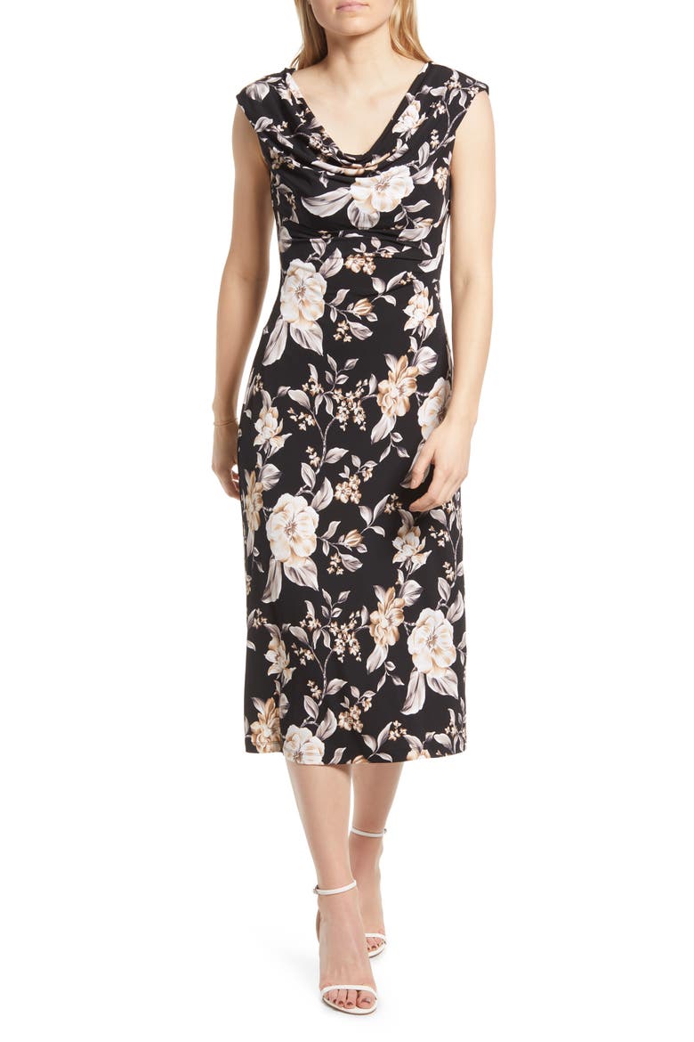Floral Print Cowl Neck Midi Dress, Main, color, BLACK FLORAL