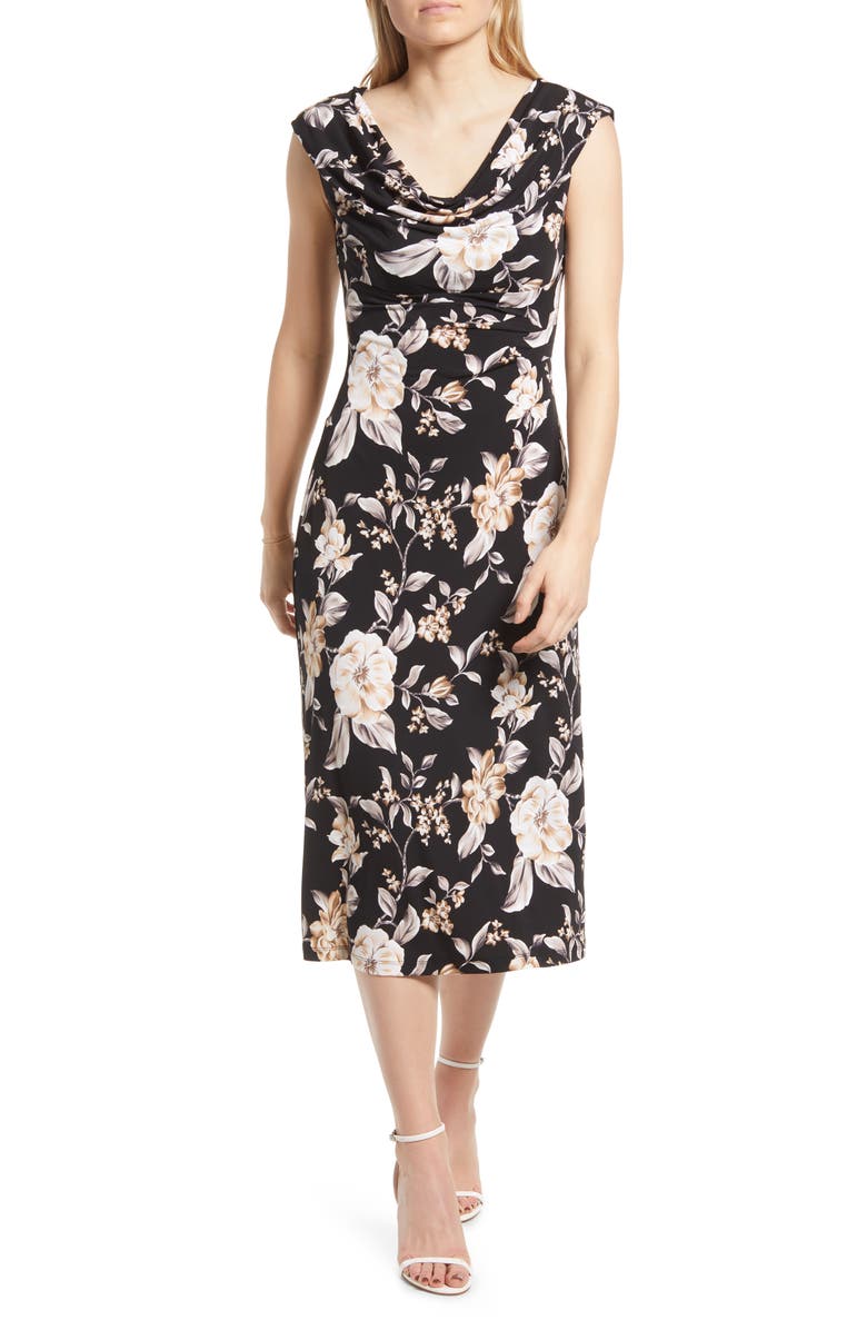 Connected Apparel Floral Print Cowl Neck Midi Dress, Main, color, 