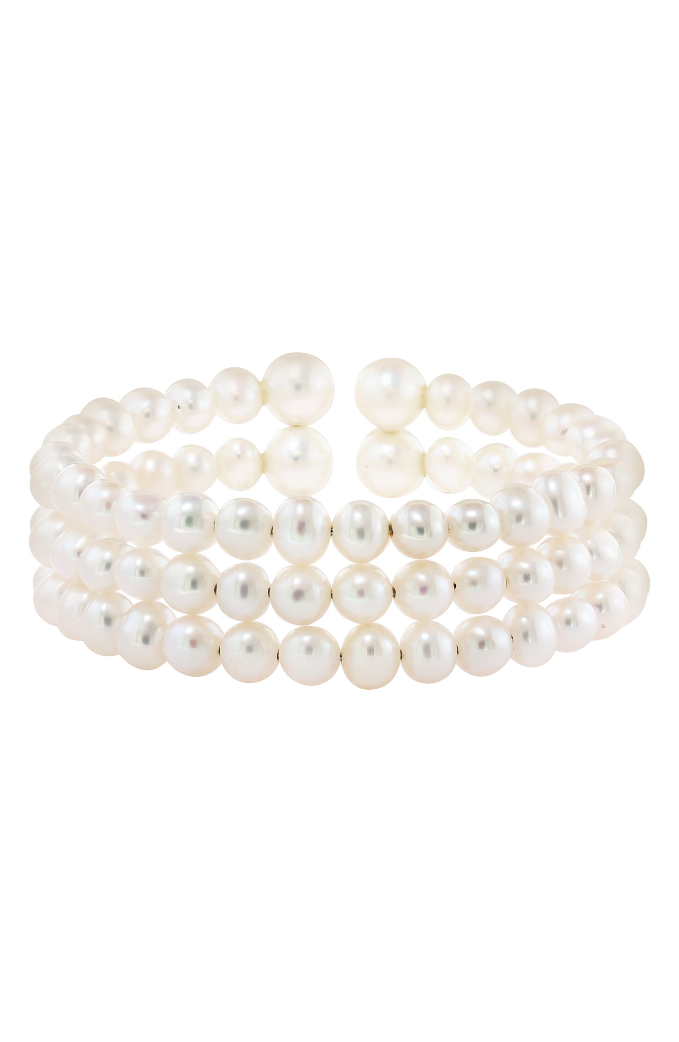 EFFY Sterling Silver 5.5–8.5mm Freshwater Pearl Triple Row Cuff Bracelet
