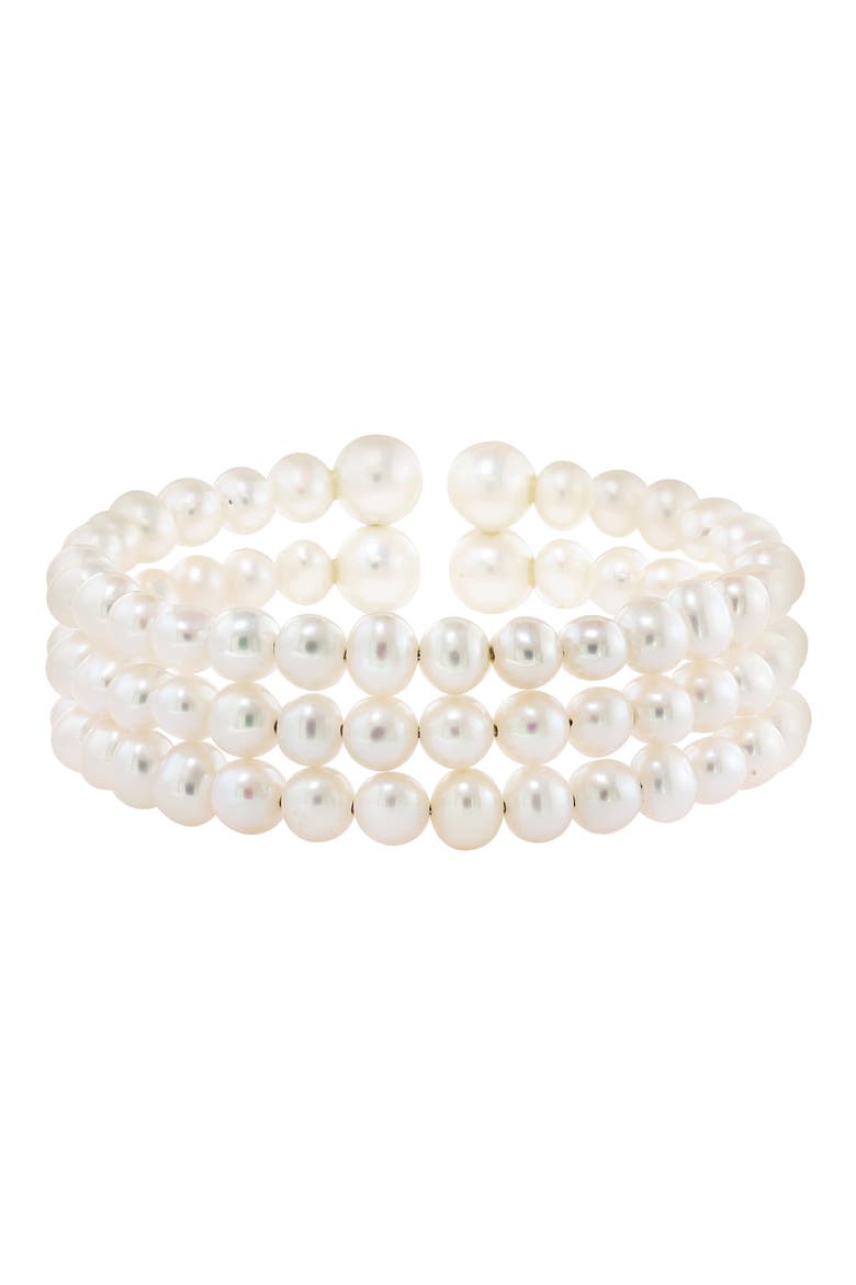 Sterling Silver 5.5–8.5mm Freshwater Pearl Triple Row Cuff Bracelet, Main, color, WHITE