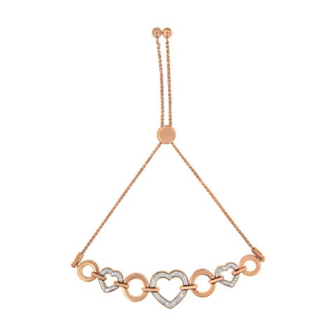 14K Rose Gold Plated Silver Diamond Accent Circle and Heart Link Bolo Bracelet