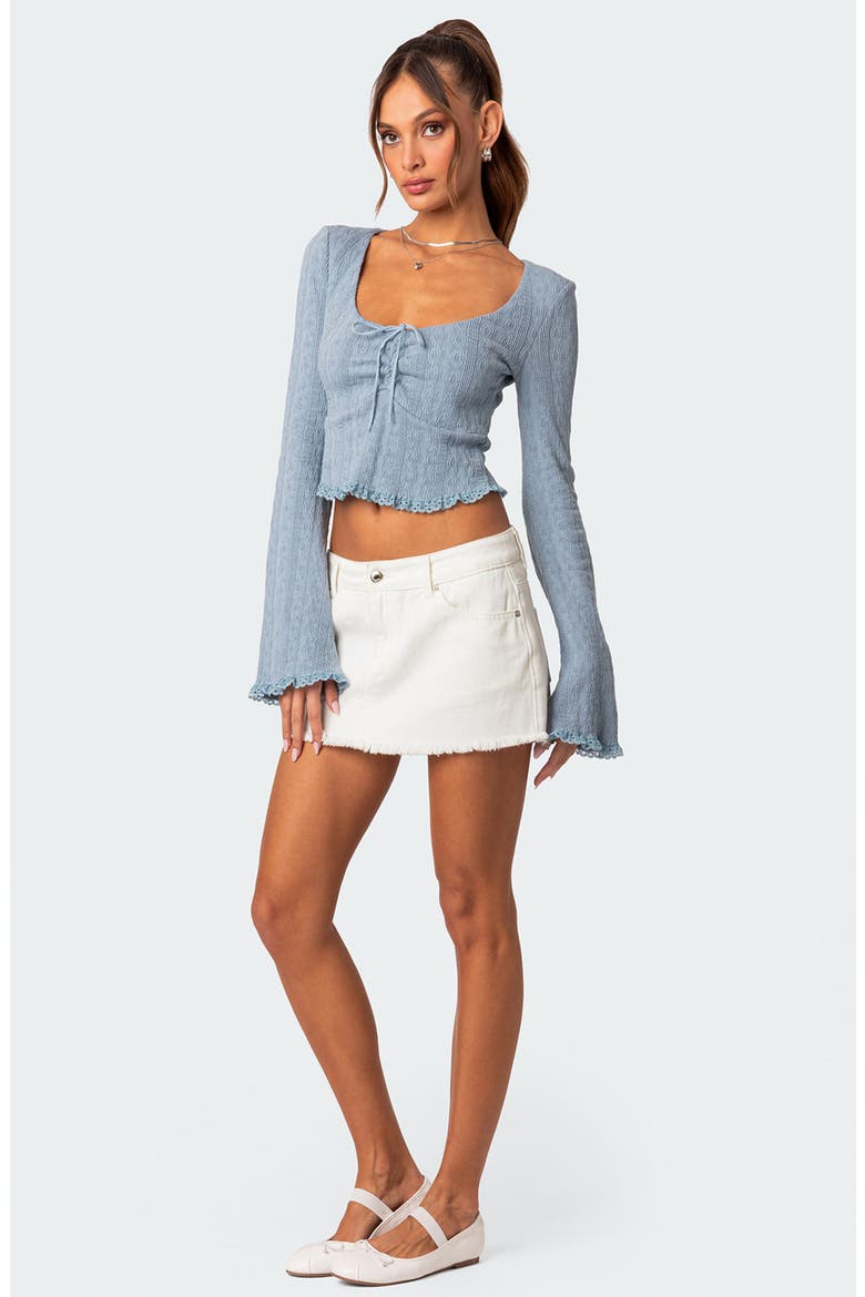Lacey Ruched Bell Sleeve Stretch Cotton Crop Top, Alternate, color, BLUE