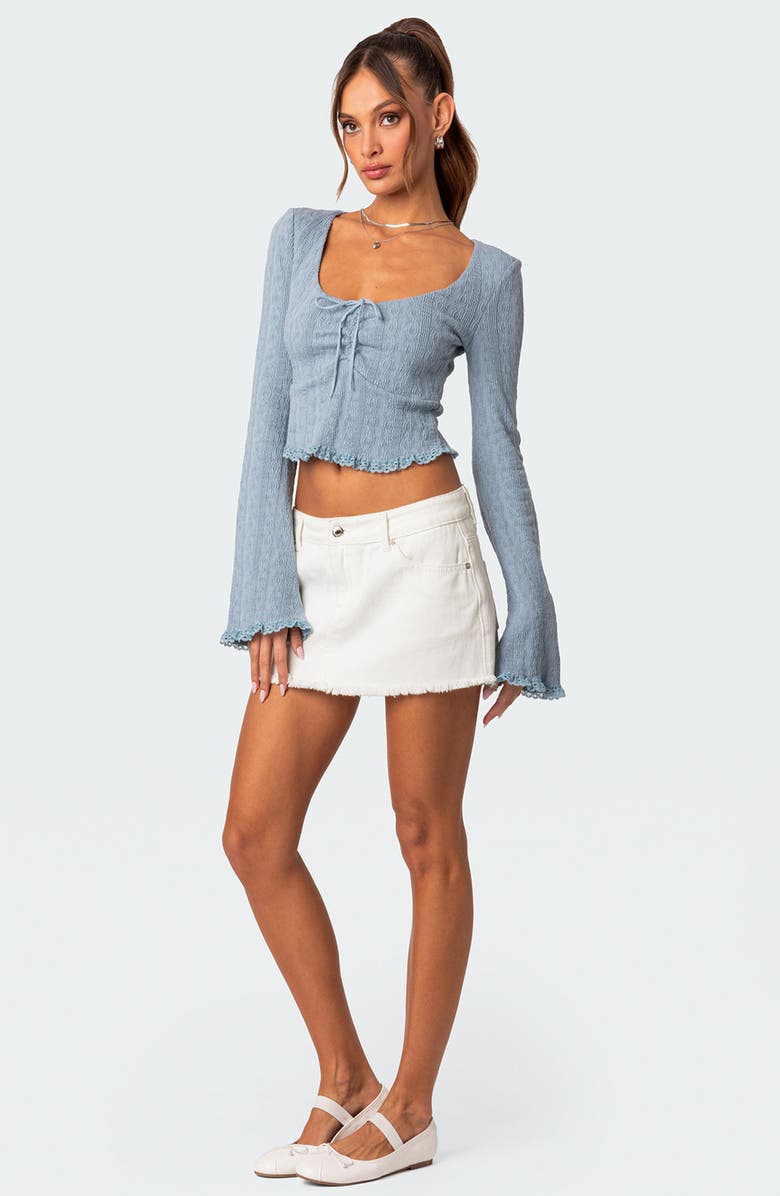 EDIKTED Lacey Ruched Bell Sleeve Stretch Cotton Crop Top, Alternate, color, Blue