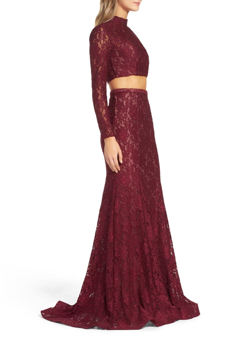Embellished Lace Two-Piece Gown, Alternate, color, GARNET
