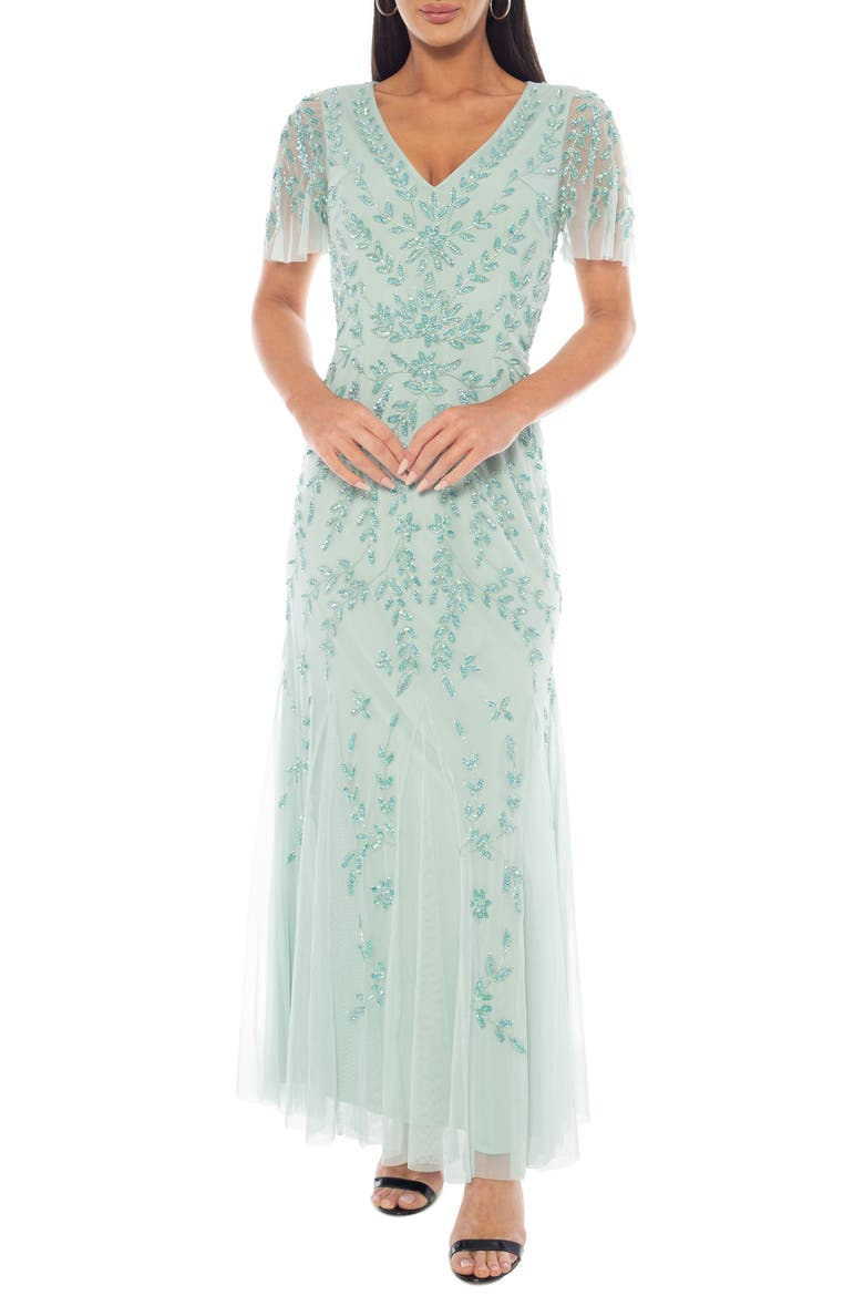 Beaded Godet Gown, Main, color, SAGE