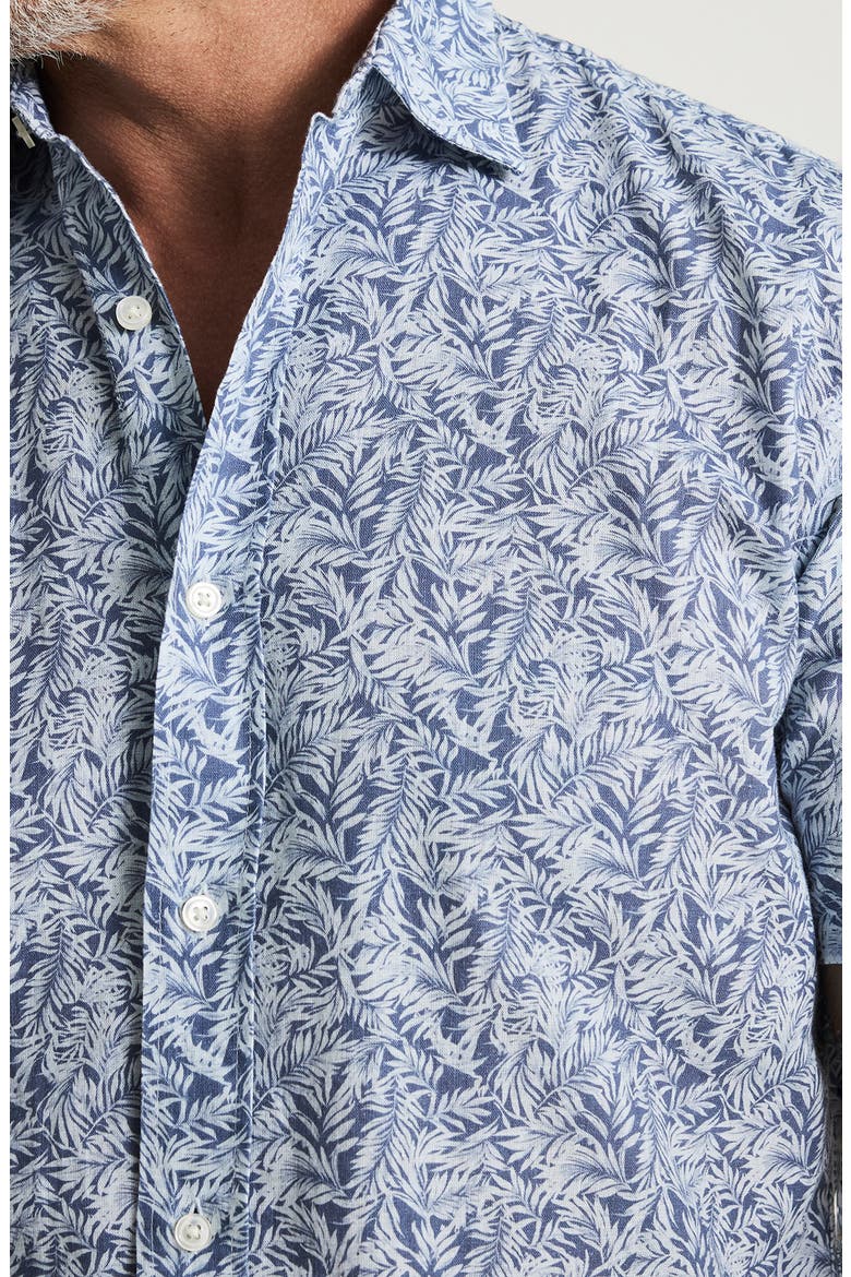 Palm Print Short Sleeve Cotton & Linen Button-Up Shirt, Alternate, color, INDIGO