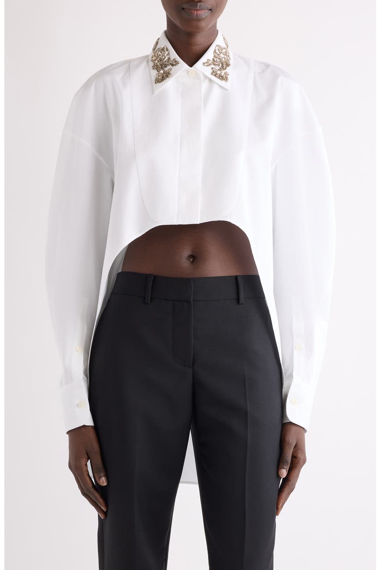Embellished High-Low Cotton Poplin & Piqué Button-Up Shirt, Main, color, WHITE