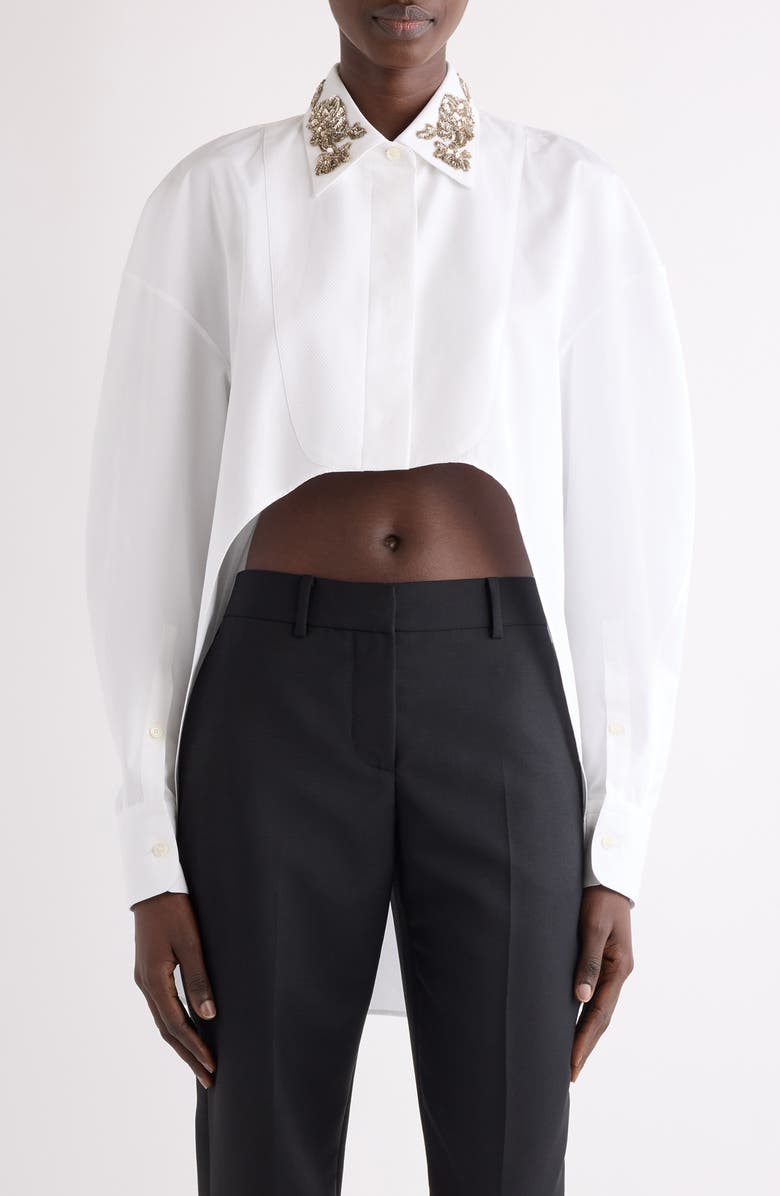 Givenchy Embellished High-Low Cotton Poplin & Piqué Button-Up Shirt, Main, color, White