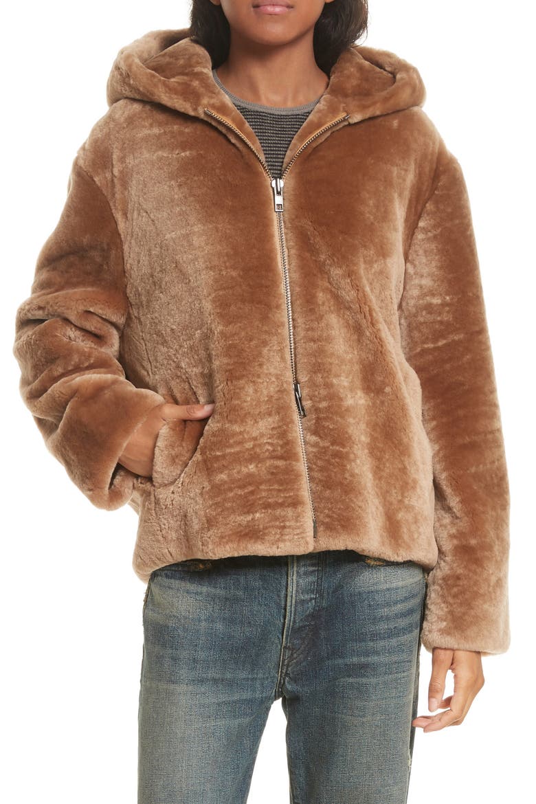 Genuine Shearling Hoodie, Main, color, CAMEL
