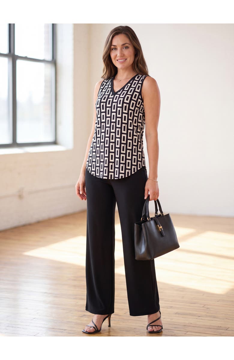 24seven Comfort Apparel Womens Essential Geometric Print V-Neck Sleeveless Round Hem Top and Elastic Waist Flared Pant Set, Alternate, color, Black Multi