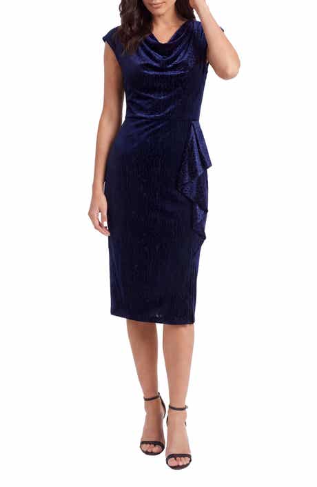 Velvet Burnout Cowl Neck Sheath Dress