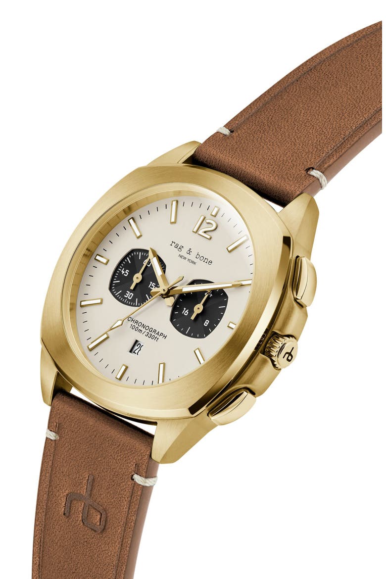 Bleeker Chronograph Leather Strap Watch, 42mm, Alternate, color, GOLD-TONE