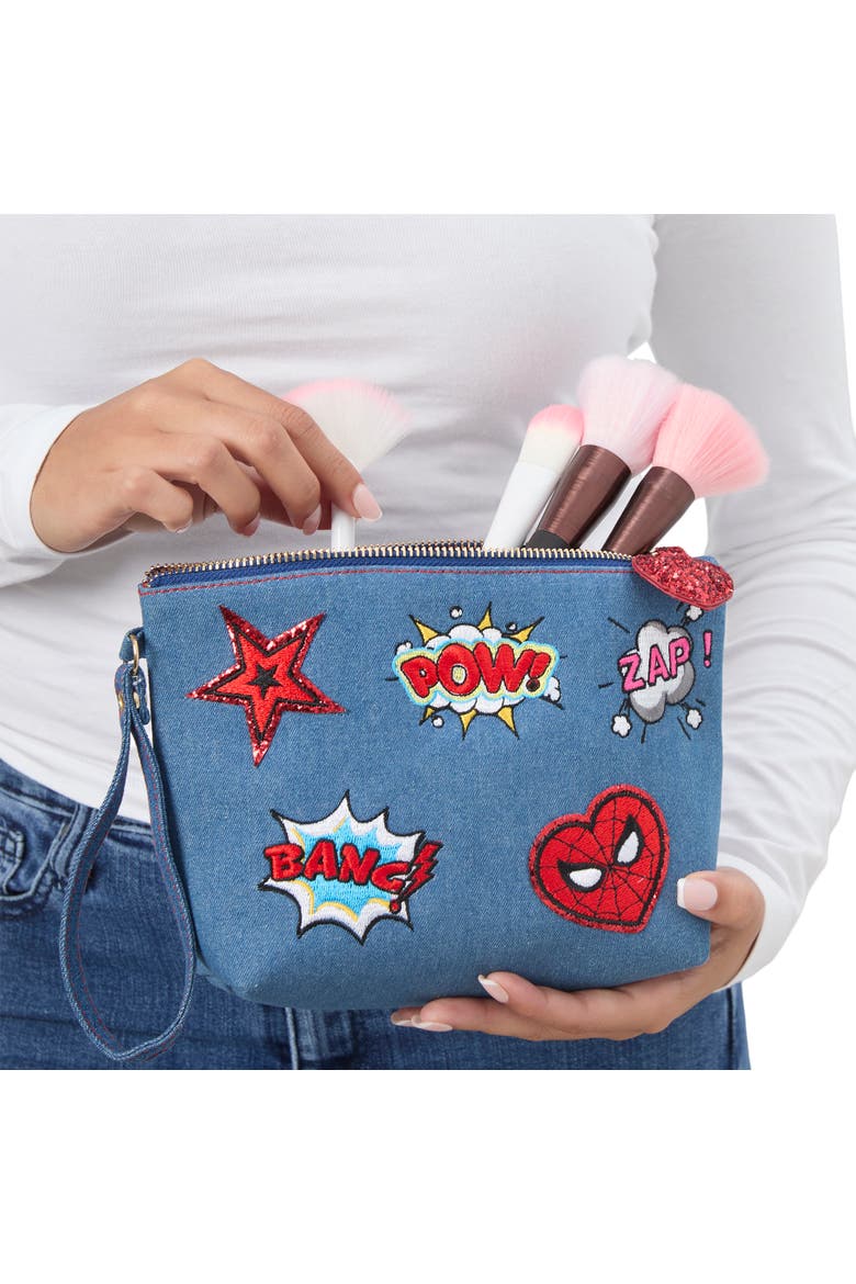SpiderMan Denim Patch Cosmetic Pouch with Comic Pop Embellishments, Alternate, color, Denim