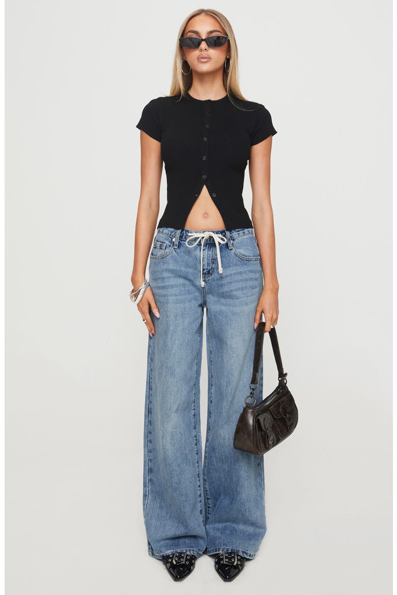 Mellowed Out Drawstring Low Rise Wide Leg Jeans, Alternate, color, MID BLUE