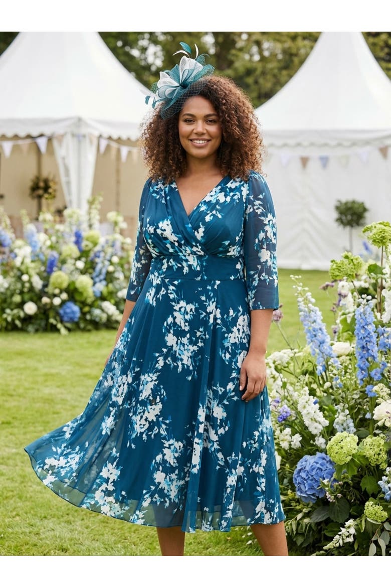 Helena Floral Midi Dress, Alternate, color, Navy Ivory