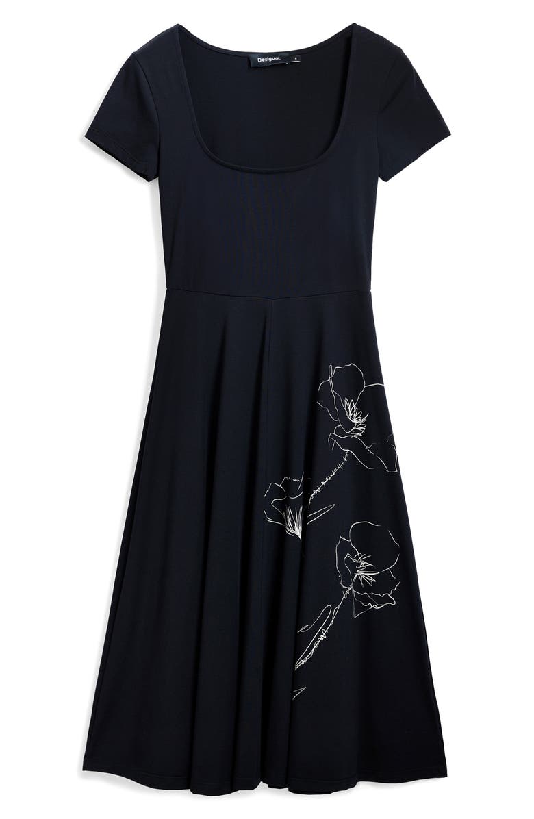 Desigual Floral Square Neck Cotton Graphic Midi Dress, Alternate, color, 