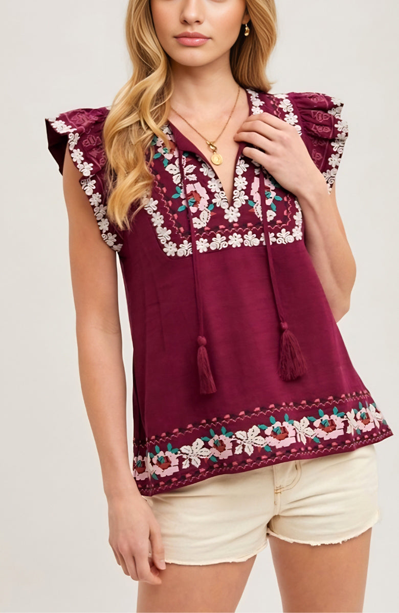 Knit and Lounge Floral Embroidered Flutter Sleeve Tassel Tie Boho Blouse, Alternate, color,