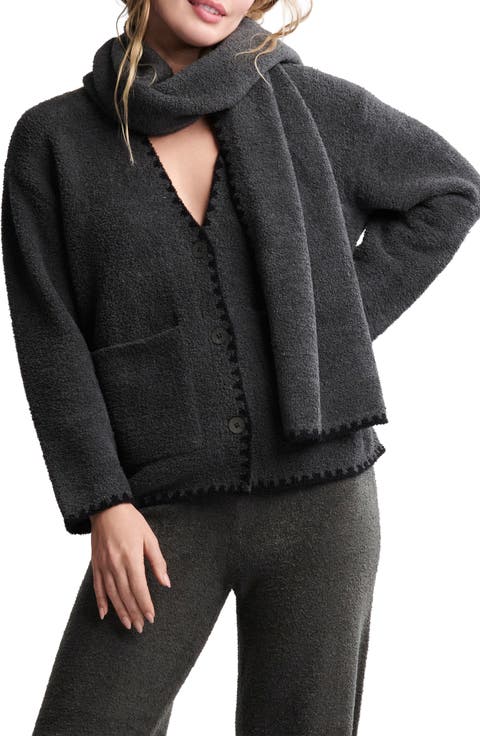 CozyChic® Blanket Stitch Cardigan with Detachable Scarf