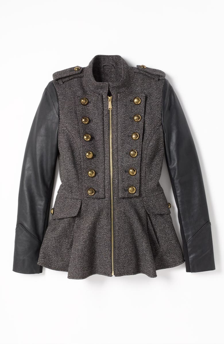 BCBGeneration Tweed & Faux Leather Military Jacket, Alternate, color, 