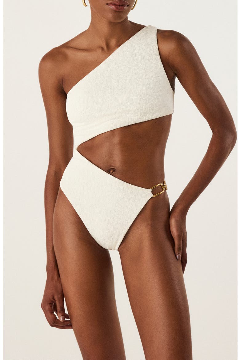 Jo Marl Cutout One-Shoulder One-Piece Swimsuit, Main, color, WHITE