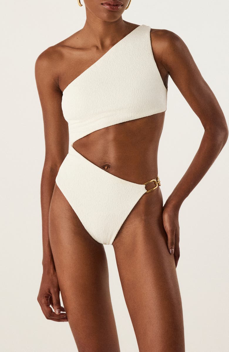 ViX Paula Hermanny Jo Marl Cutout One-Shoulder One-Piece Swimsuit, Main, color, White