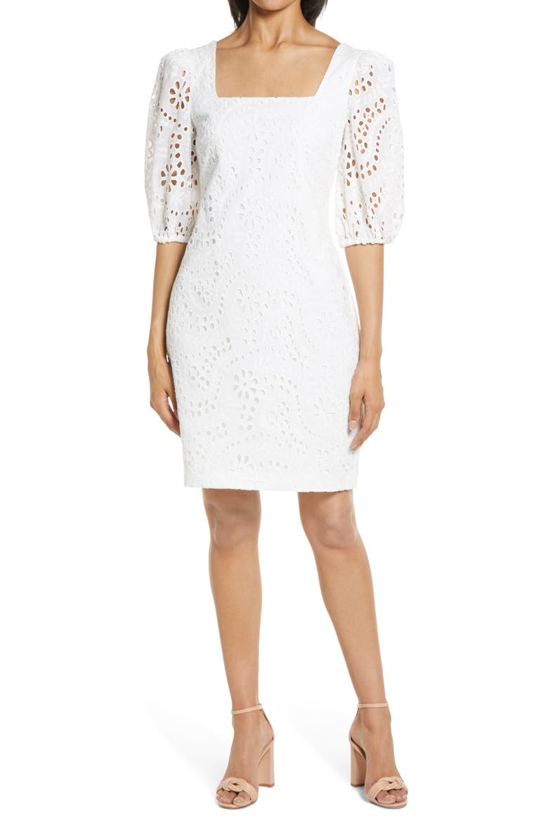 Balloon Sleeve Eyelet Dress, Main, color, WHITE
