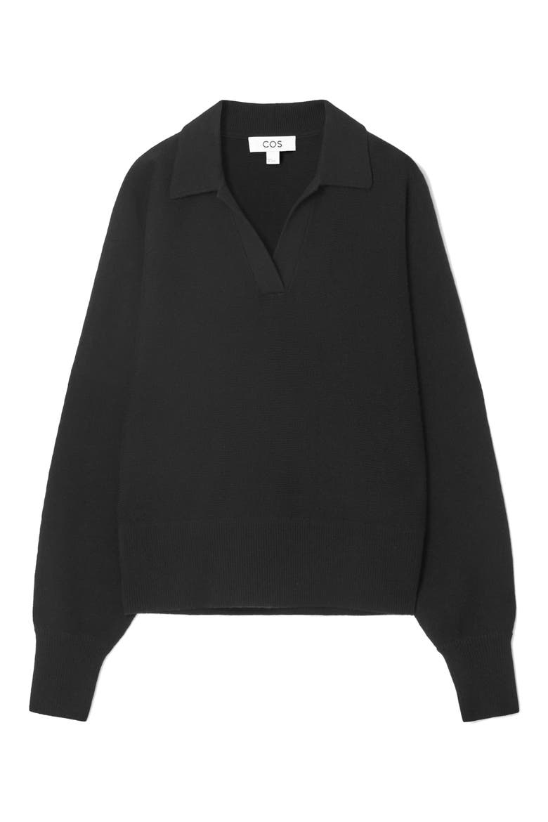 Blouson Long Sleeve Wool Polo Sweater, Alternate, color, BLACK DARK