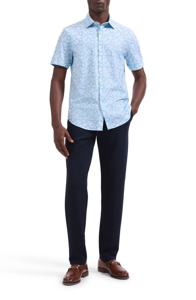 Bugatchi Miles OoohCotton<sup>®</sup> Watercolor Floral Print Short Sleeve Button-Up Shirt, Alternate, color, Teal