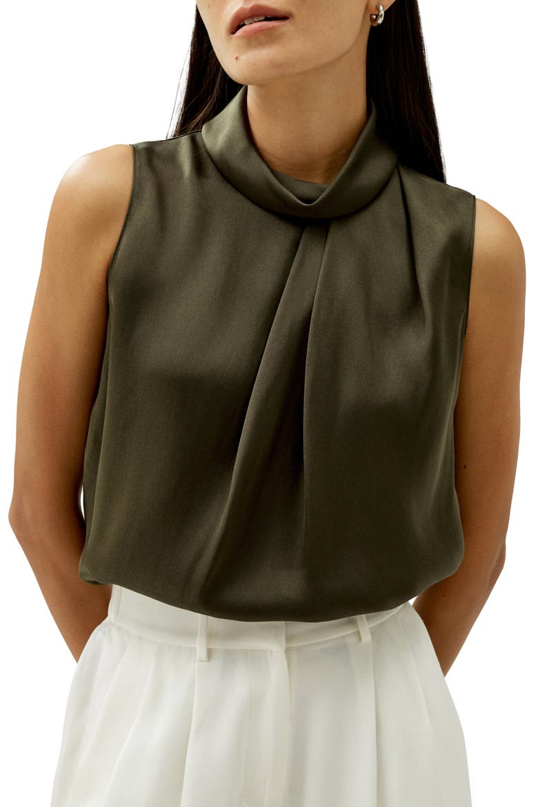 Women's Asymmetrical Sleeveless Cowl Neck Silk Top, Main, color, Dark Olive
