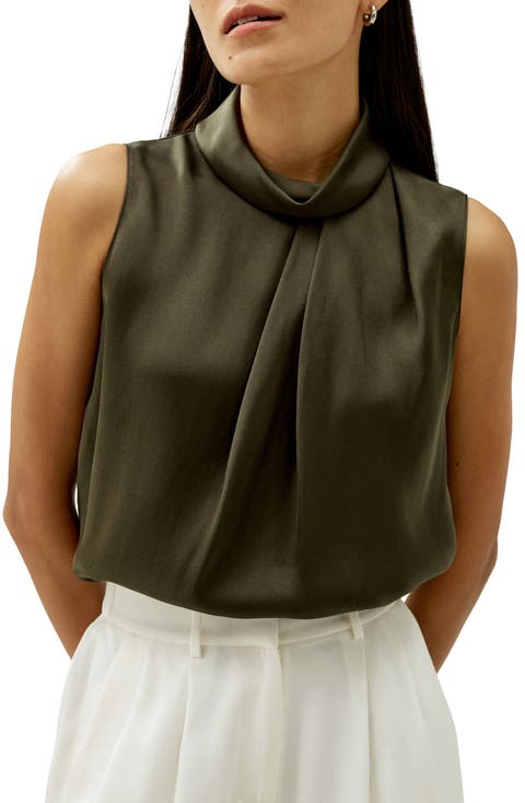 Women's Asymmetrical Sleeveless Cowl Neck Silk Top