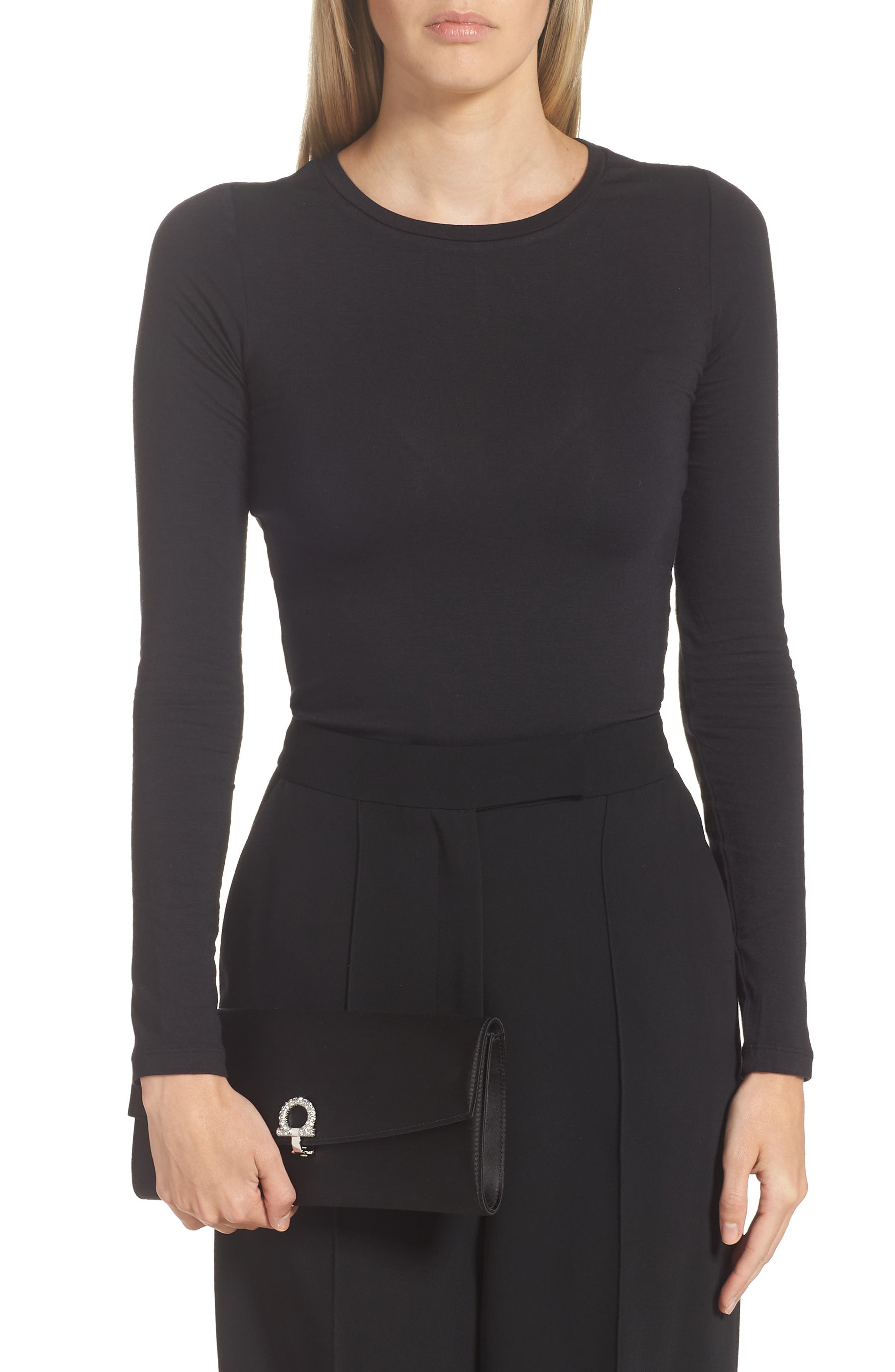 FERRAGAMO Crystal Embellished Gancio Clip Satin Clutch, Alternate, color, 