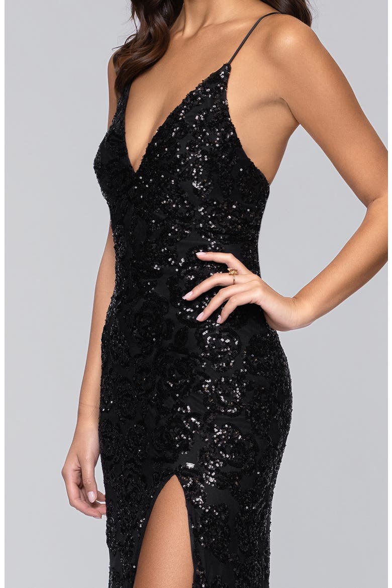 Rose Sequin Lace-Up Mermaid Gown, Alternate, color, BLACK