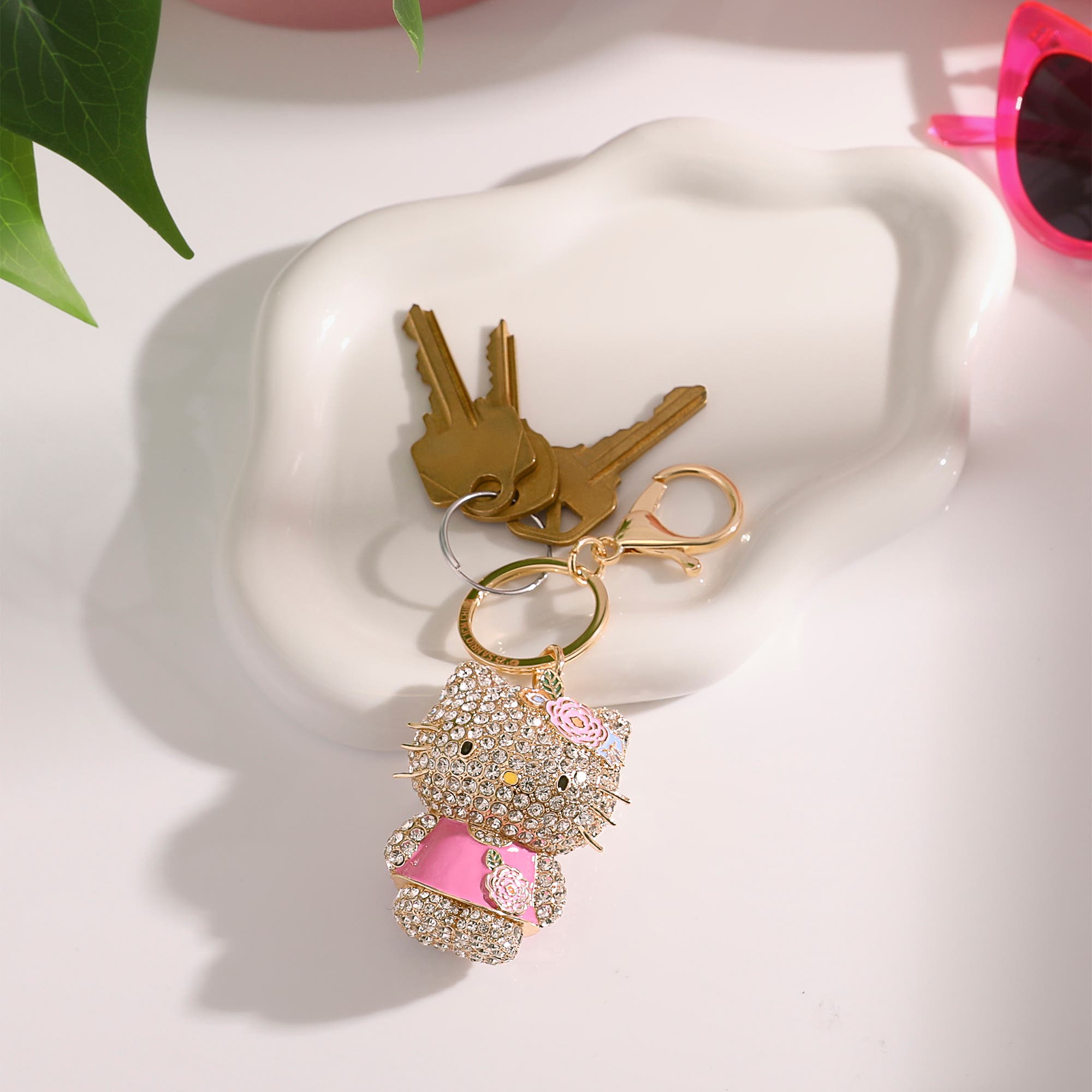 Hello Kitty Sanrio Hello Kitty Pink Crystal Flower Bling Keychain Bag Charm, Alternate, color, Pink/Gold