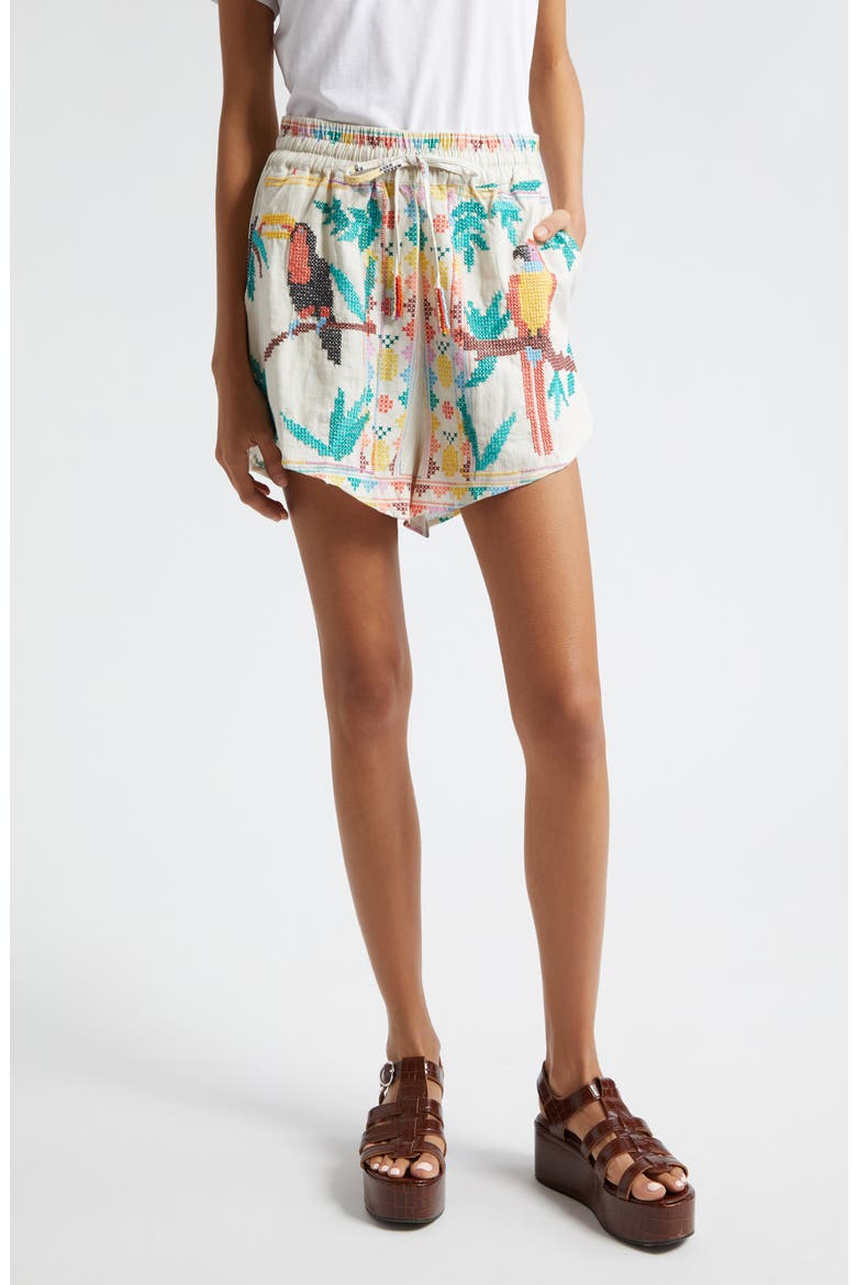 Stitched Birds Pull-On Linen Blend Shorts, Main, color, STITCHED BIRDS SCARF OFF-WHITE