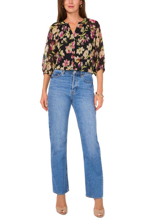 Vince Camuto Floral Print Raglan Sleeve Button-up Top In Black