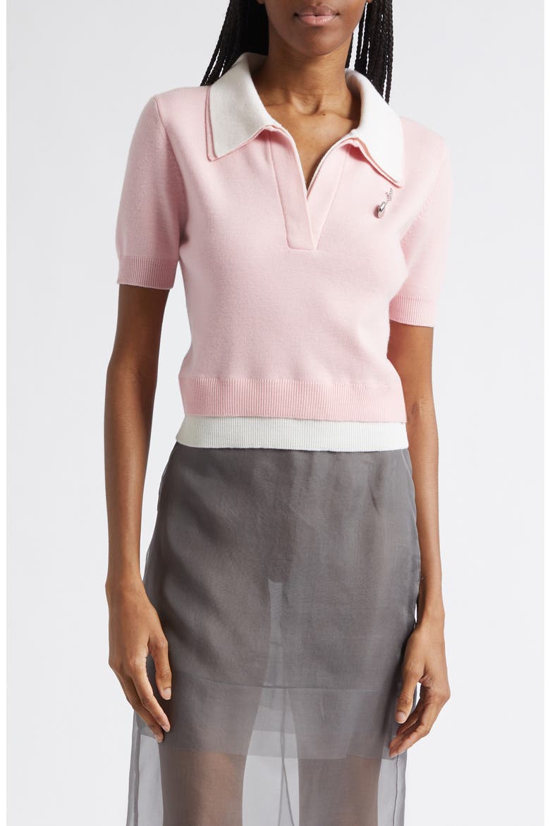 Doubled Crop Merino Wool Polo Sweater, Main, color, DUSTY PINK/ IVORY