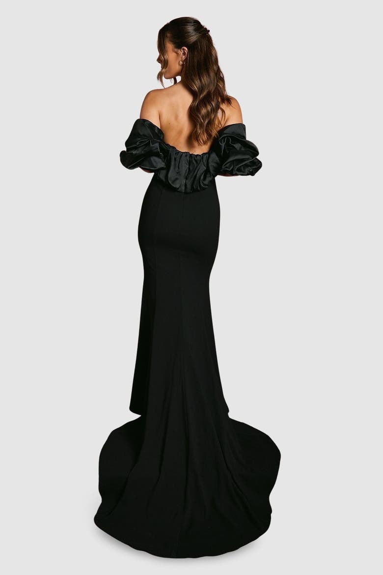 Puff Sleeve Bardot Fishtail Maxi Dress, Alternate, color, Black