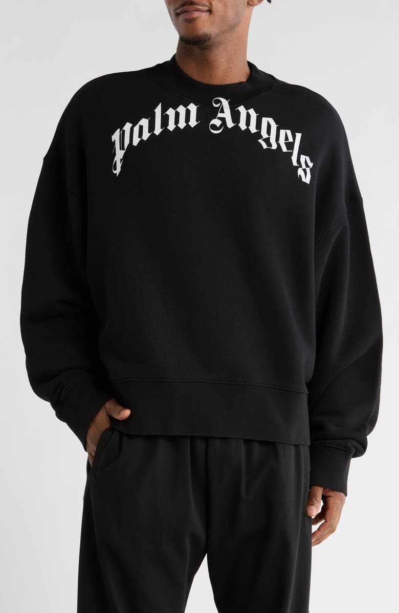 Palm Angels Curved Logo Crewneck Sweatshirt, Main, color, Black White