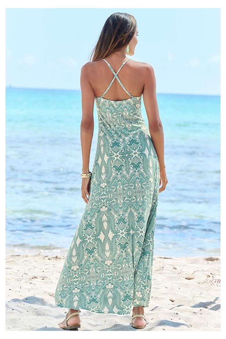 Women's Crossed Strap Maxi Dress, Alternate, color, Green Patterned