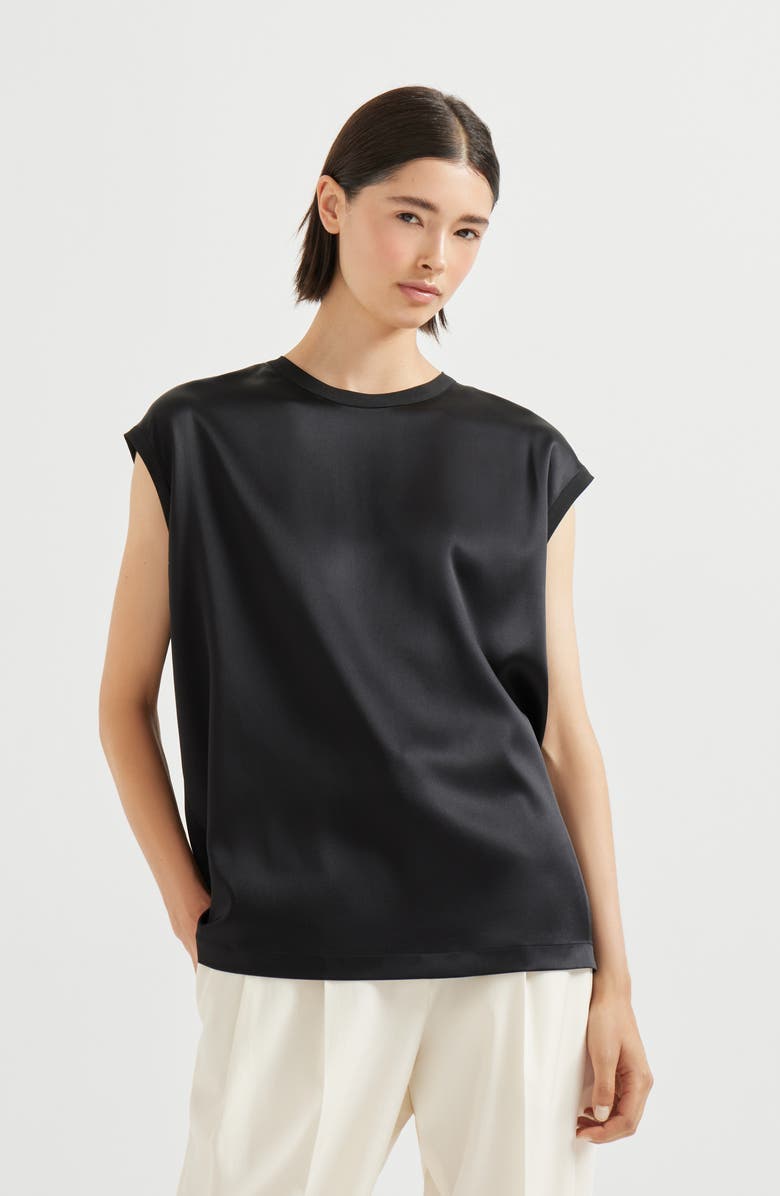 Brunello Cucinelli Satin T-shirt, Alternate, color, Black