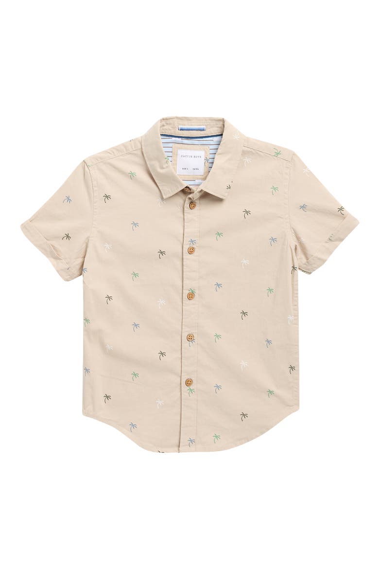 Kids' Palm Print Short Sleeve Button-Up Shirt, Main, color, SAND