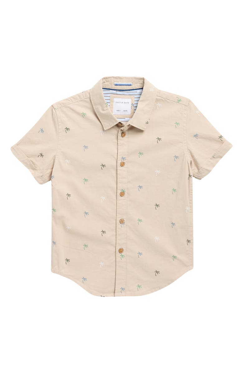 DENIM AND FLOWER Kids' Palm Print Short Sleeve Button-Up Shirt, Main, color, Sand
