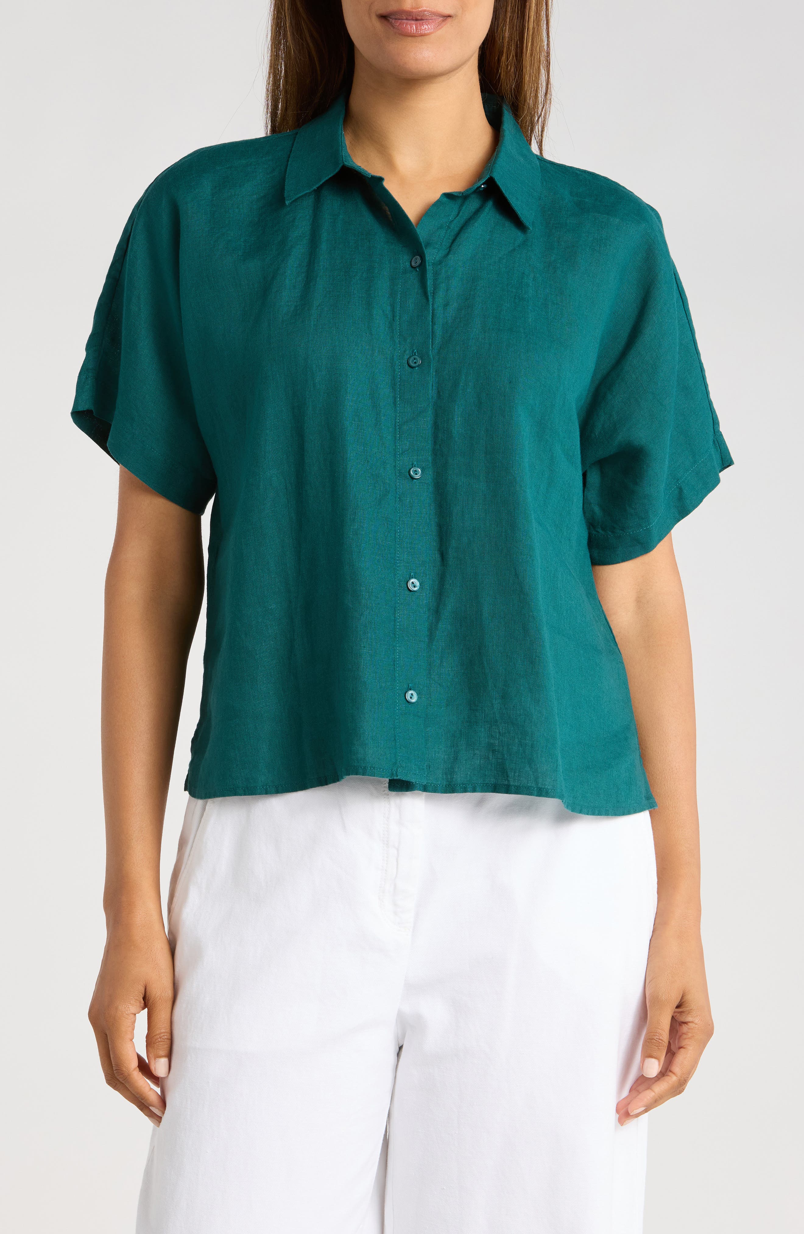 Eileen Fisher Short Sleeve Organic Linen Button-Up Shirt