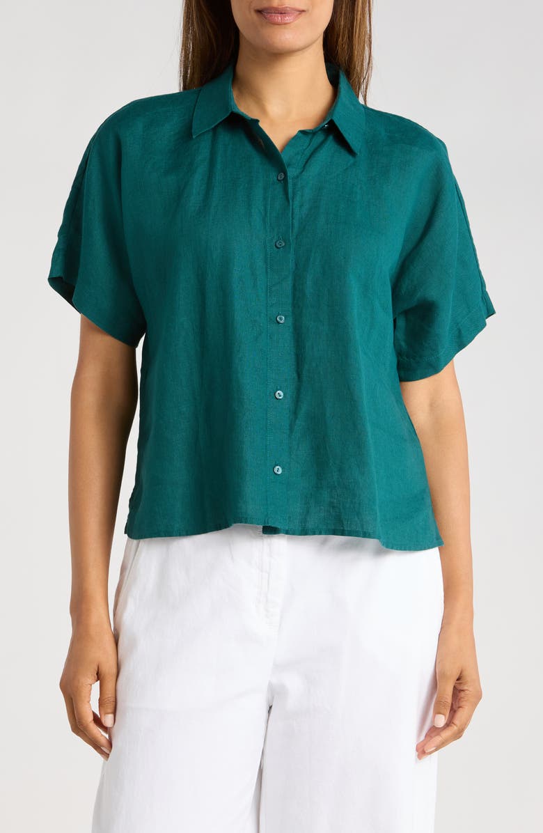 Eileen Fisher Short Sleeve Organic Linen Button-Up Shirt, Main, color, Aegean