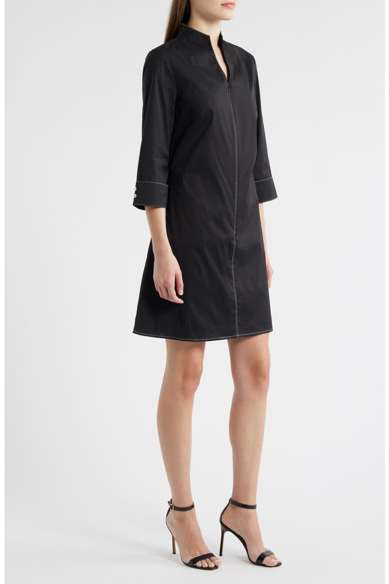 Front Zip Stretch Cotton Shirt Dress, Alternate, color, BLACK/ WHITE