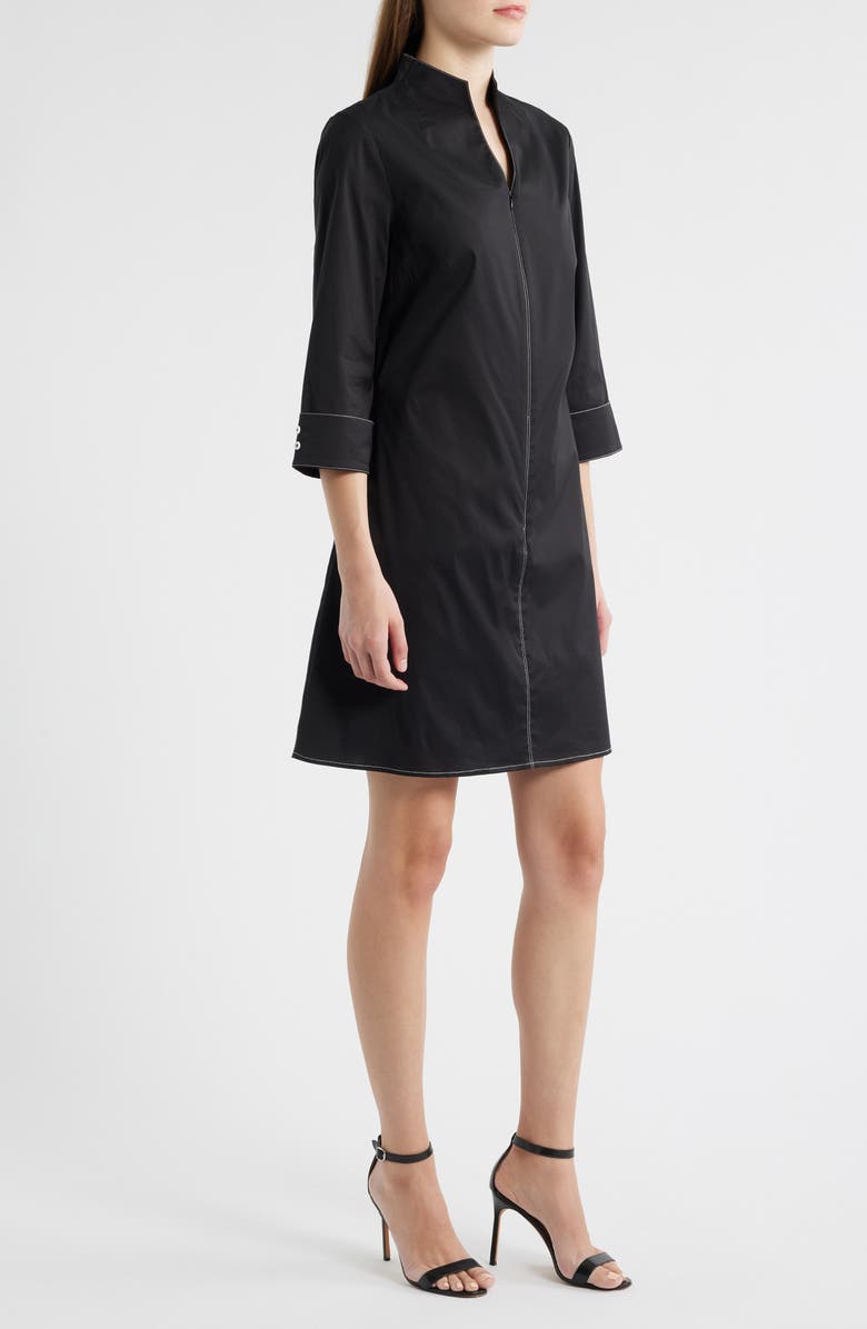 Ming Wang Front Zip Stretch Cotton Shirt Dress, Alternate, color, Black/ White